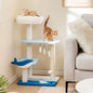 Purrfect Pet Kingdom cat tower with scratching posts in blue and white with hanging toys and two cats playing