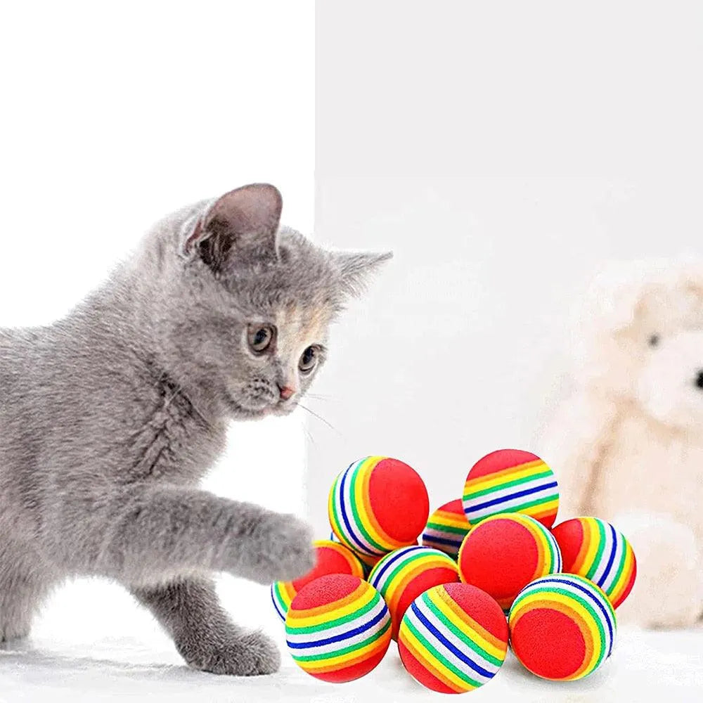 Interactive cat toy ball by Stevvex, colorful red rainbow design, available in 1, 3, or 5 pieces for playful kittens.
