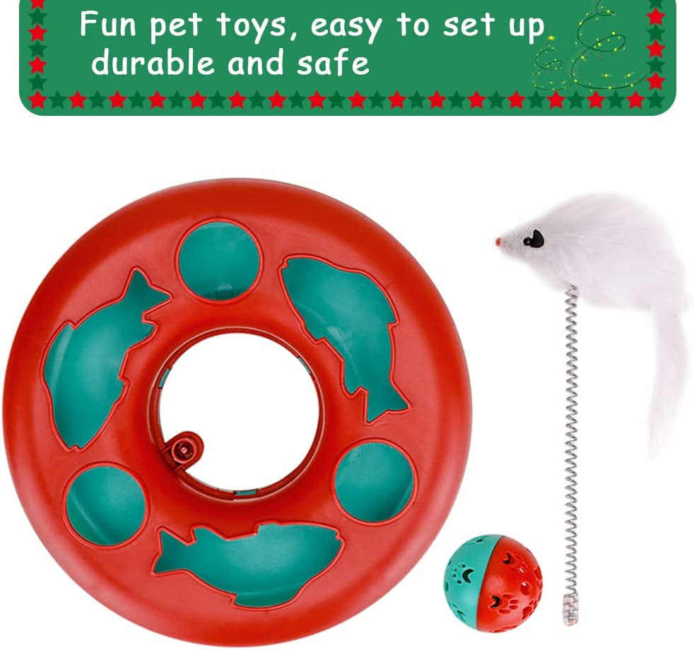 Fun red cat toy with mouse teaser, featuring fish cutouts and a durable design for playful kittens