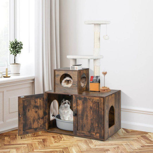 Purrfect Pet Kingdom cat tree with hidden litter box in rustic wood finish with multiple cat compartments