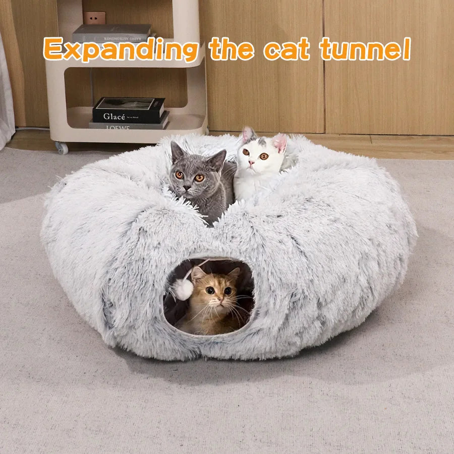 Warm cat tunnel bed for winter, featuring soft plush material and cozy design for multiple cats