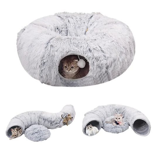 Warm cat tunnel bed for winter with cozy, plush fabric and multiple openings for pets to explore