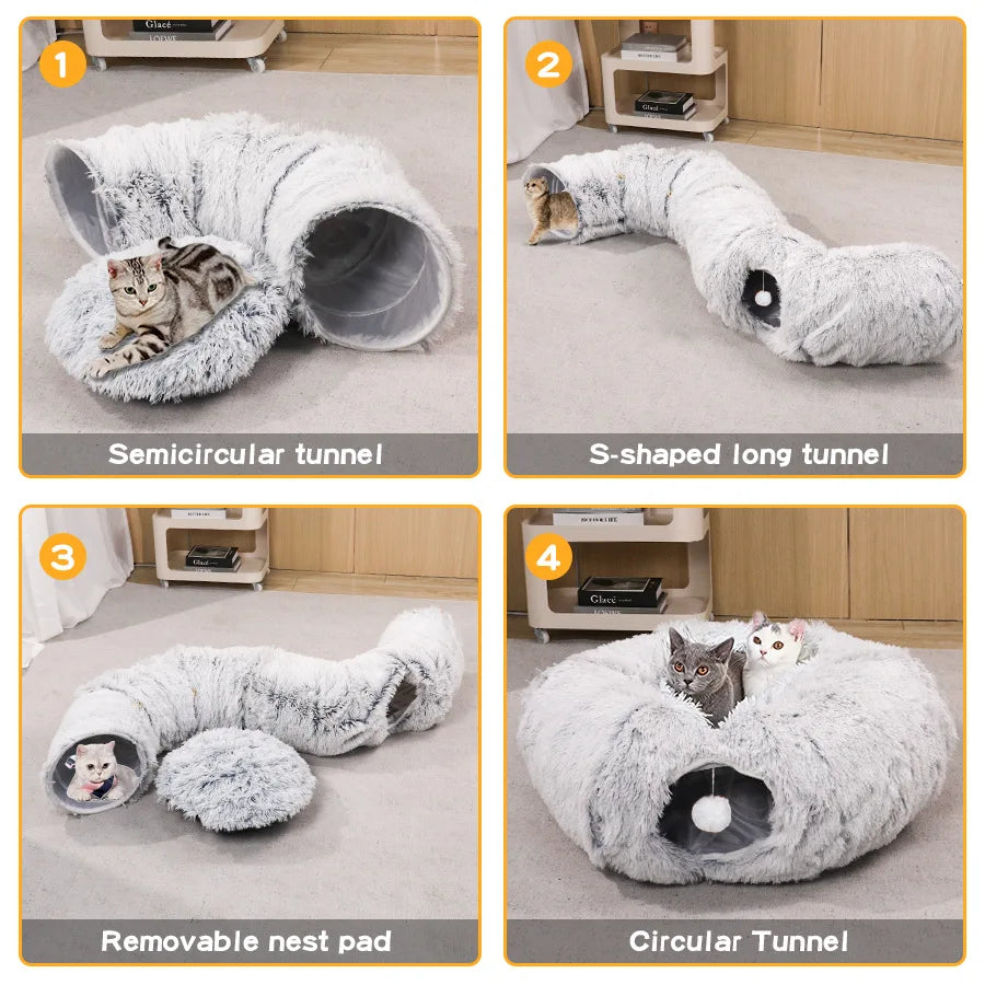 Warm cat tunnel bed for winter featuring semicircular, S-shaped, and circular designs for cozy naps