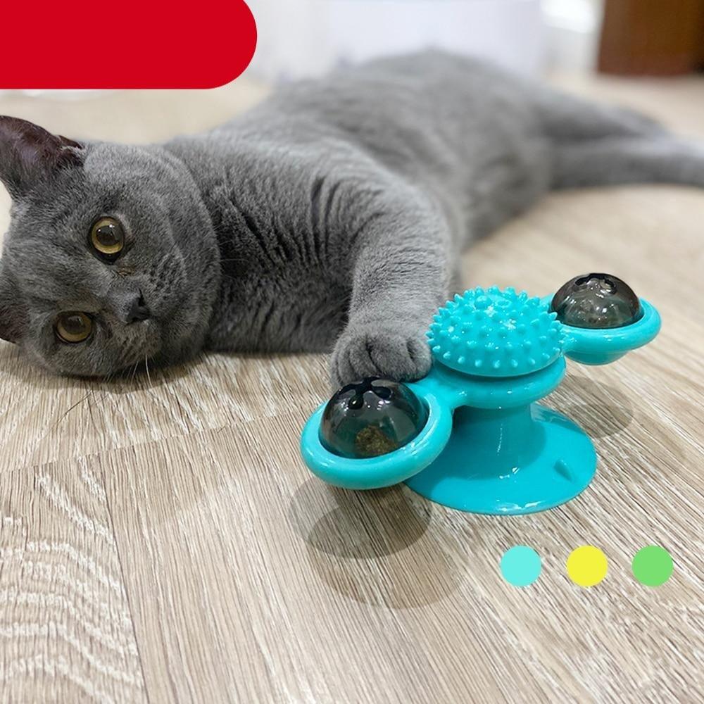 Cat Windmill Toy Funny Massage Rotatable Cat Toys With Catnip LED Ball Teeth Cleaning Pet Newest Windmill Cat Toy with LED and Catnip Ball Cat Turntable Teasing Interactive Toy with a Suction Cup Base Can be Cleaned Rotary Massage Tickle Anti-bite Toy