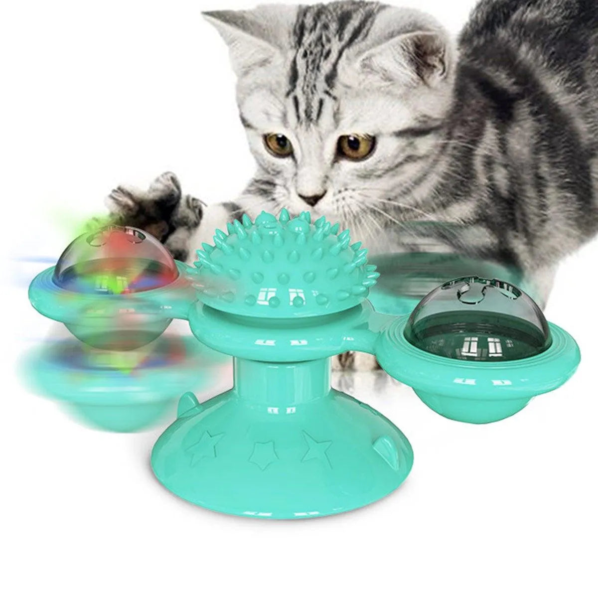Funny Cat Windmill Toy by Stevvex in yellow, featuring a rotatable design, LED ball, and catnip for interactive play.