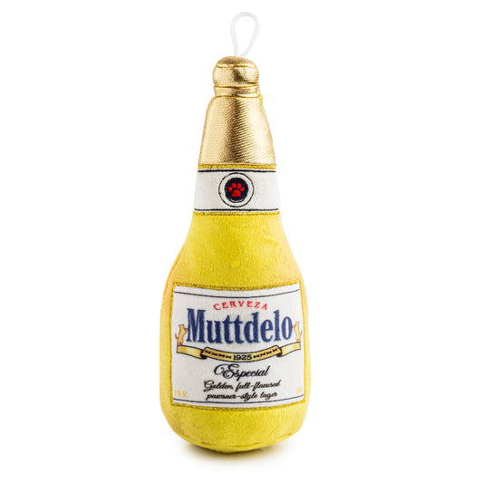 Muttdelo Beer Bottle Yellow Plush Dog Toy