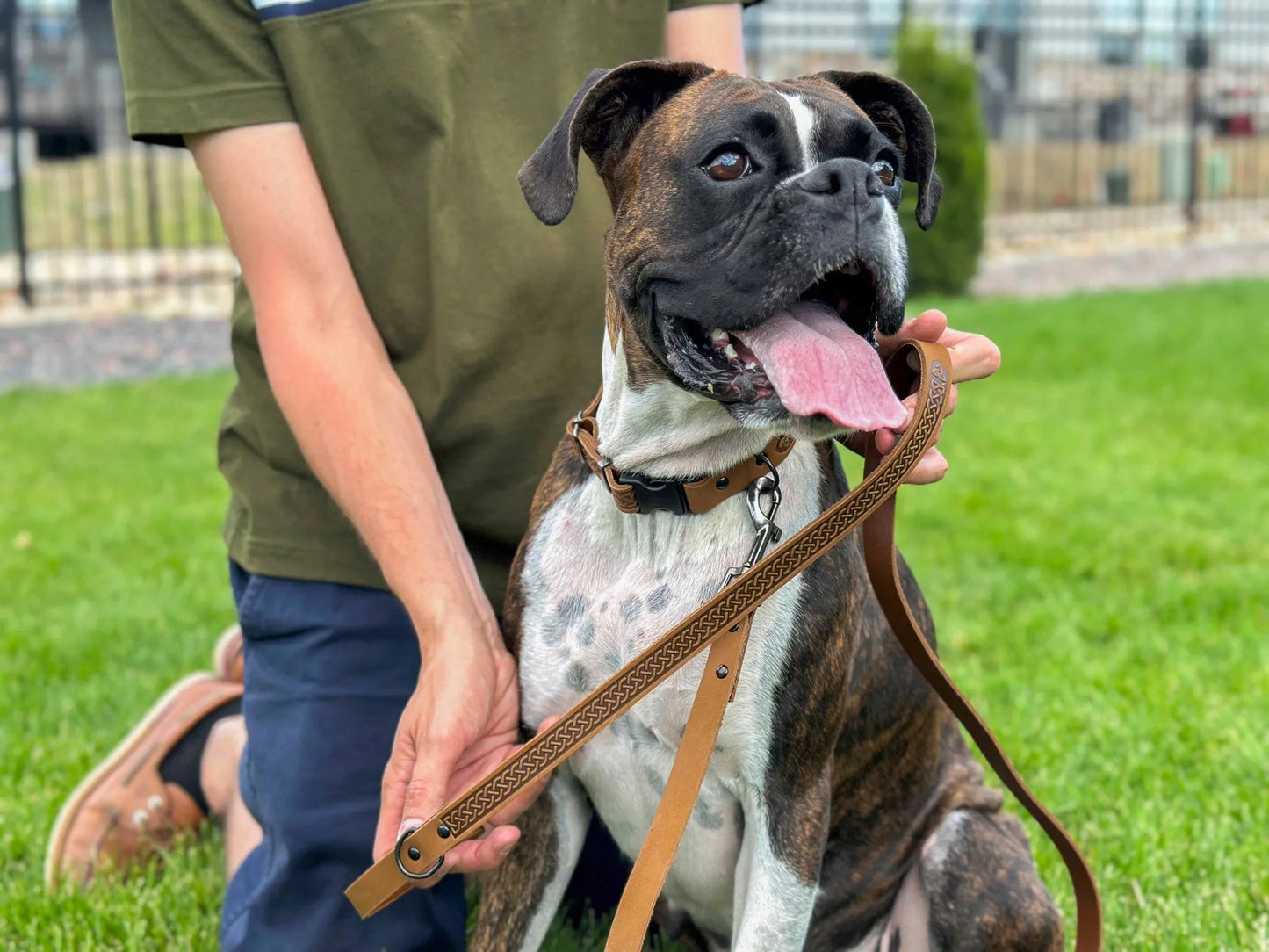 Celtic Sport Earth Brown Leather Dog Leash by Purrfect Pet Kingdom, showcasing a durable design ideal for hunting dogs.