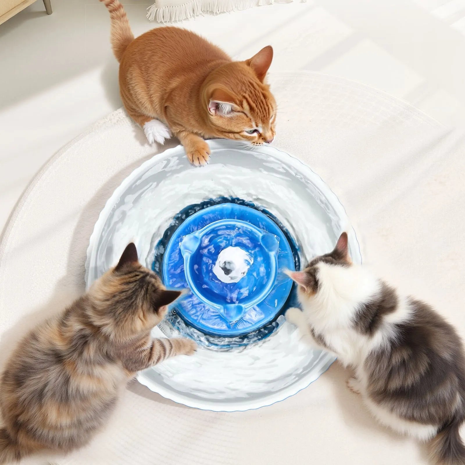 Ceramic Cupcake Cat Water Fountain by Purrfect Pet Kingdom in blue, 2.1L, ultra-quiet filtered design for cats.