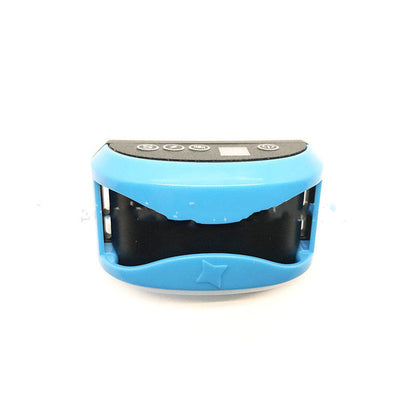 Blue and black FLIPSTYLEZLLC professional dog training collar with plastic shell, LCD screen, and safety buttons.