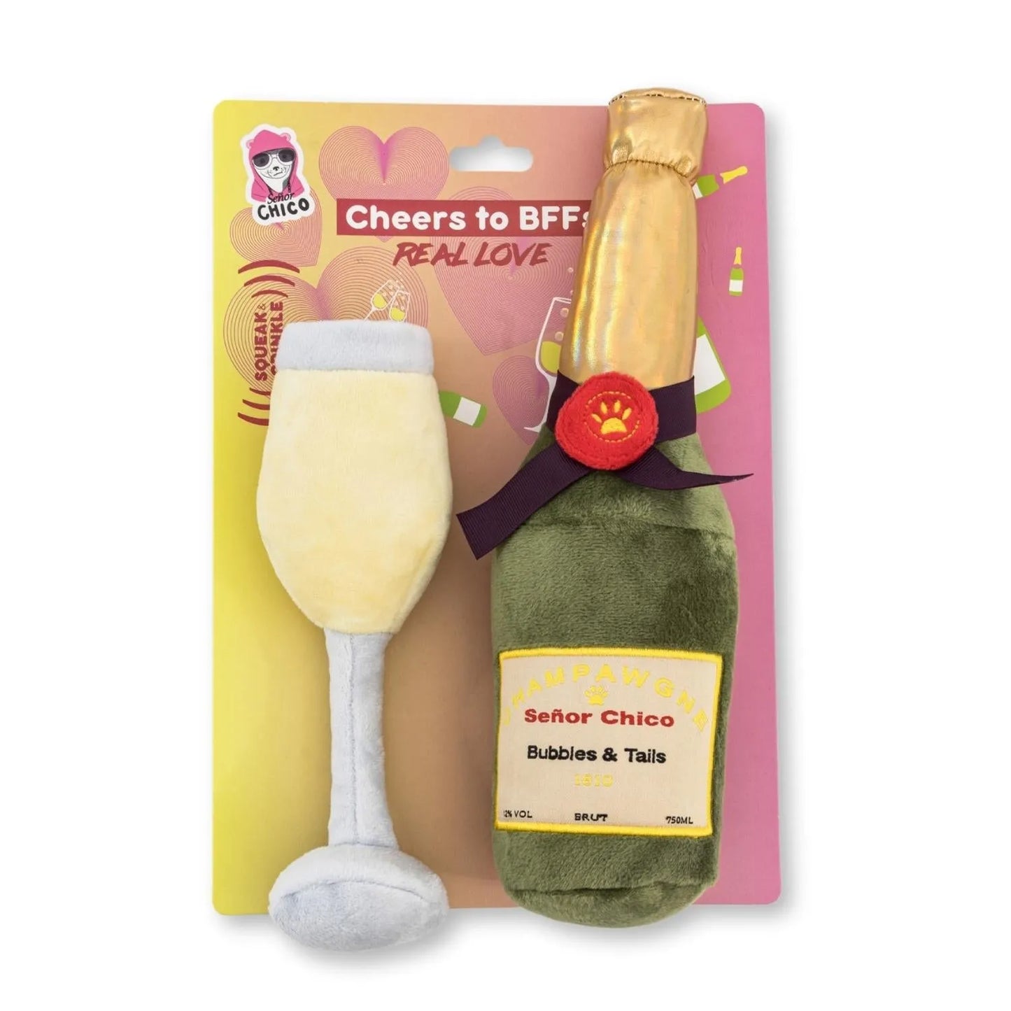 Champawgne-Cheers Plush Dog Toy Gift Set by American Pet Supplies, featuring a squeaker and crinkle paper, ideal for playf...