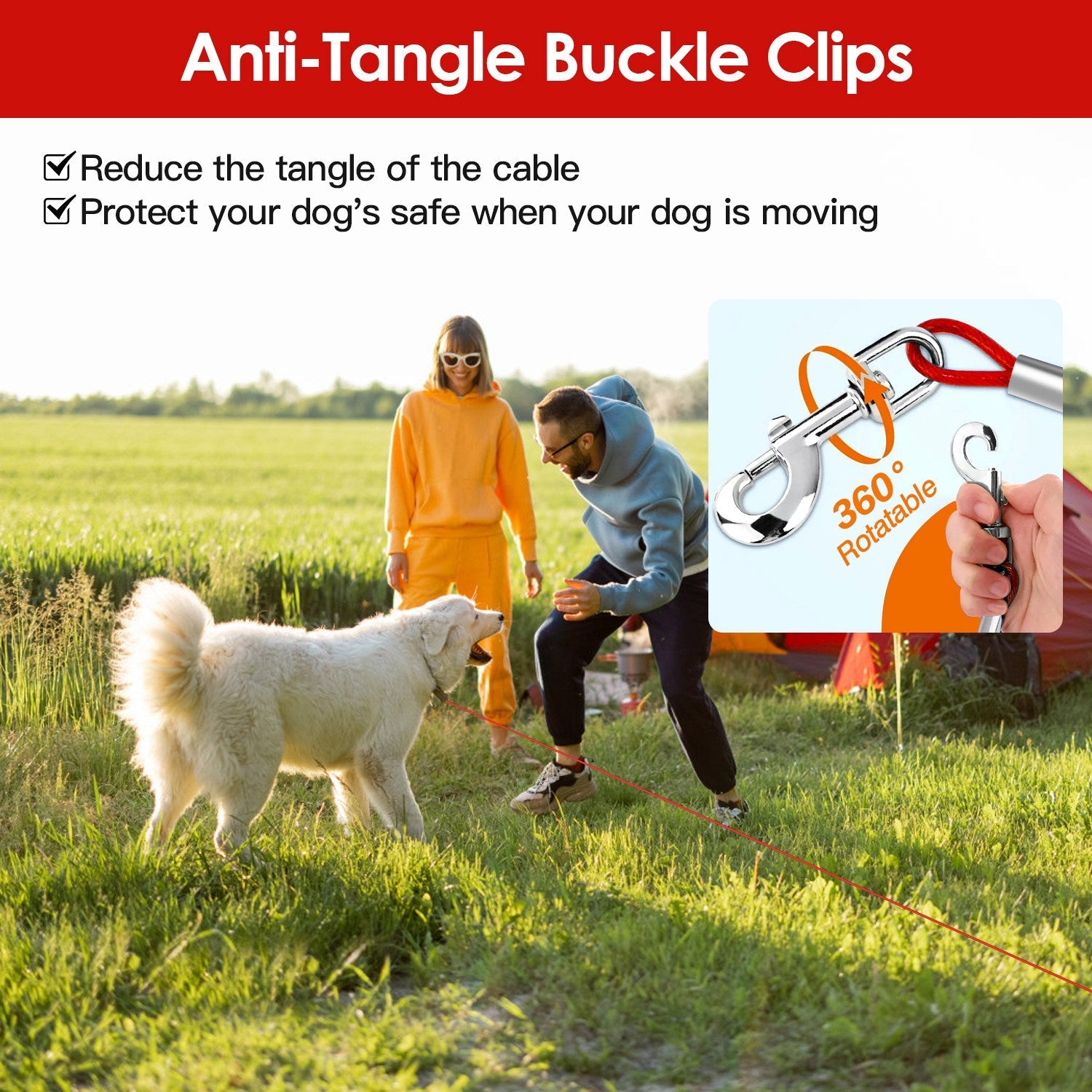GBruno chew proof dog tie out cable featuring anti-tangle buckle clips for safe outdoor play