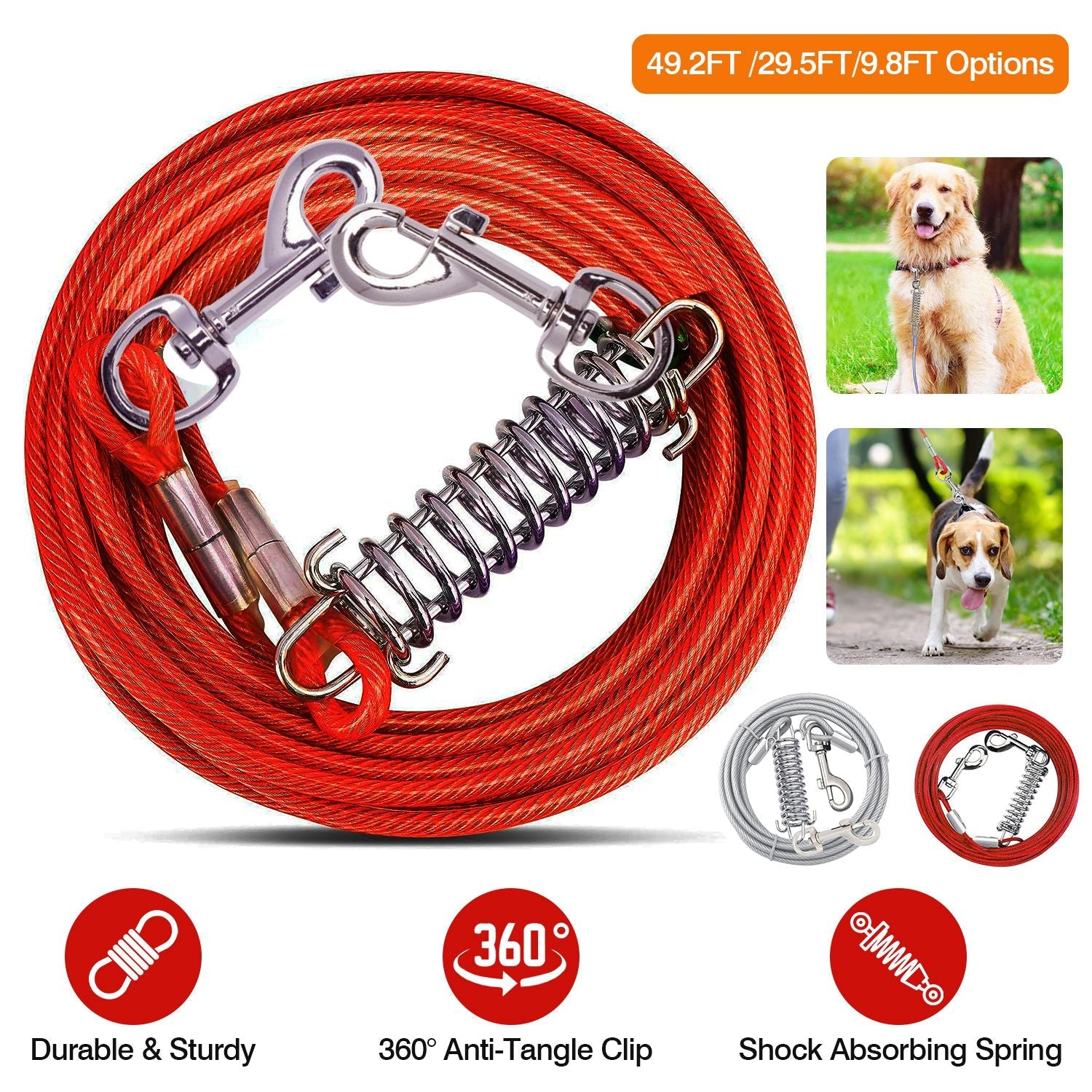 Chew proof dog tie out cable in red with durable clips and shock absorbing spring for outdoor use