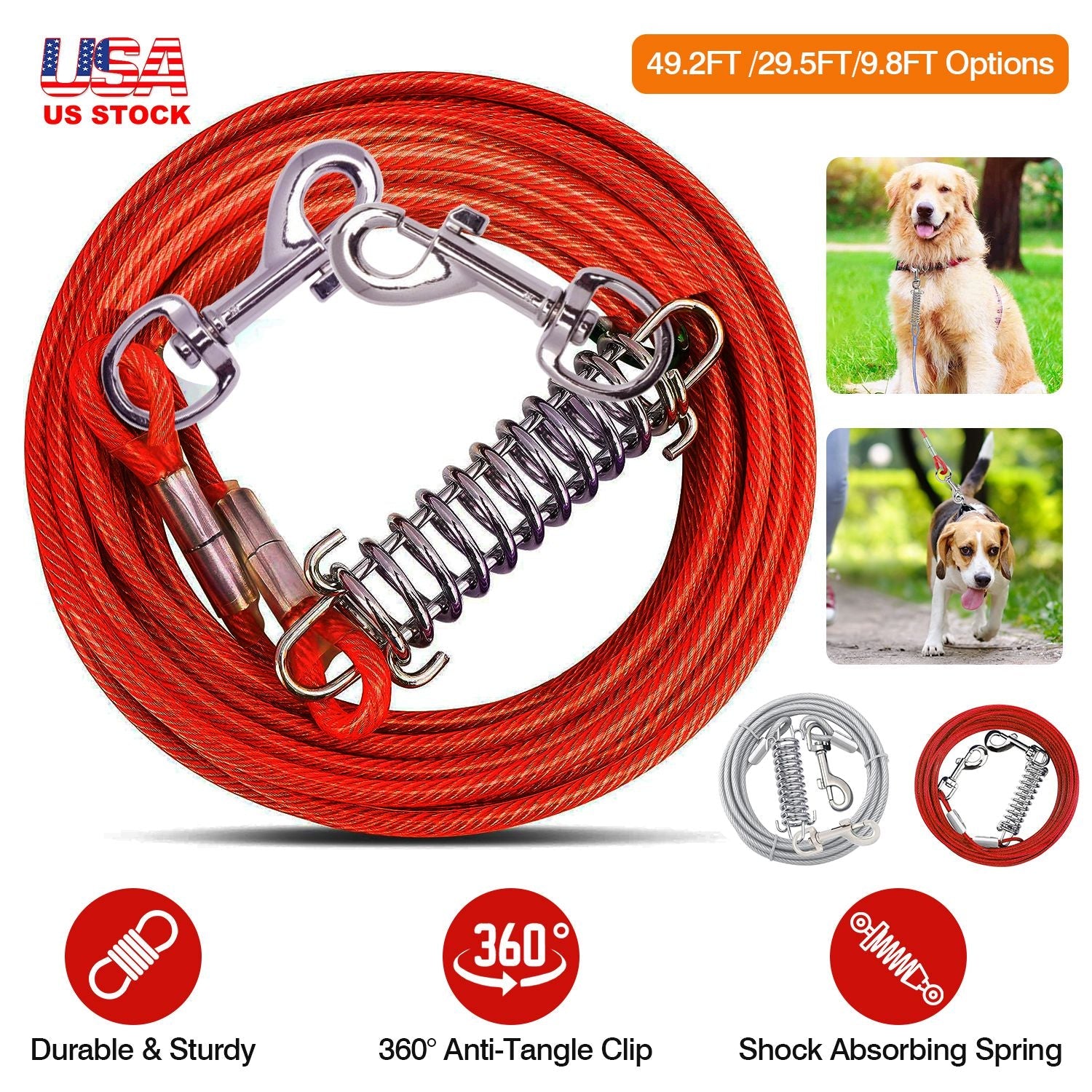Chew proof dog tie out cable in red with durable clips and shock absorbing spring for secure outdoor use