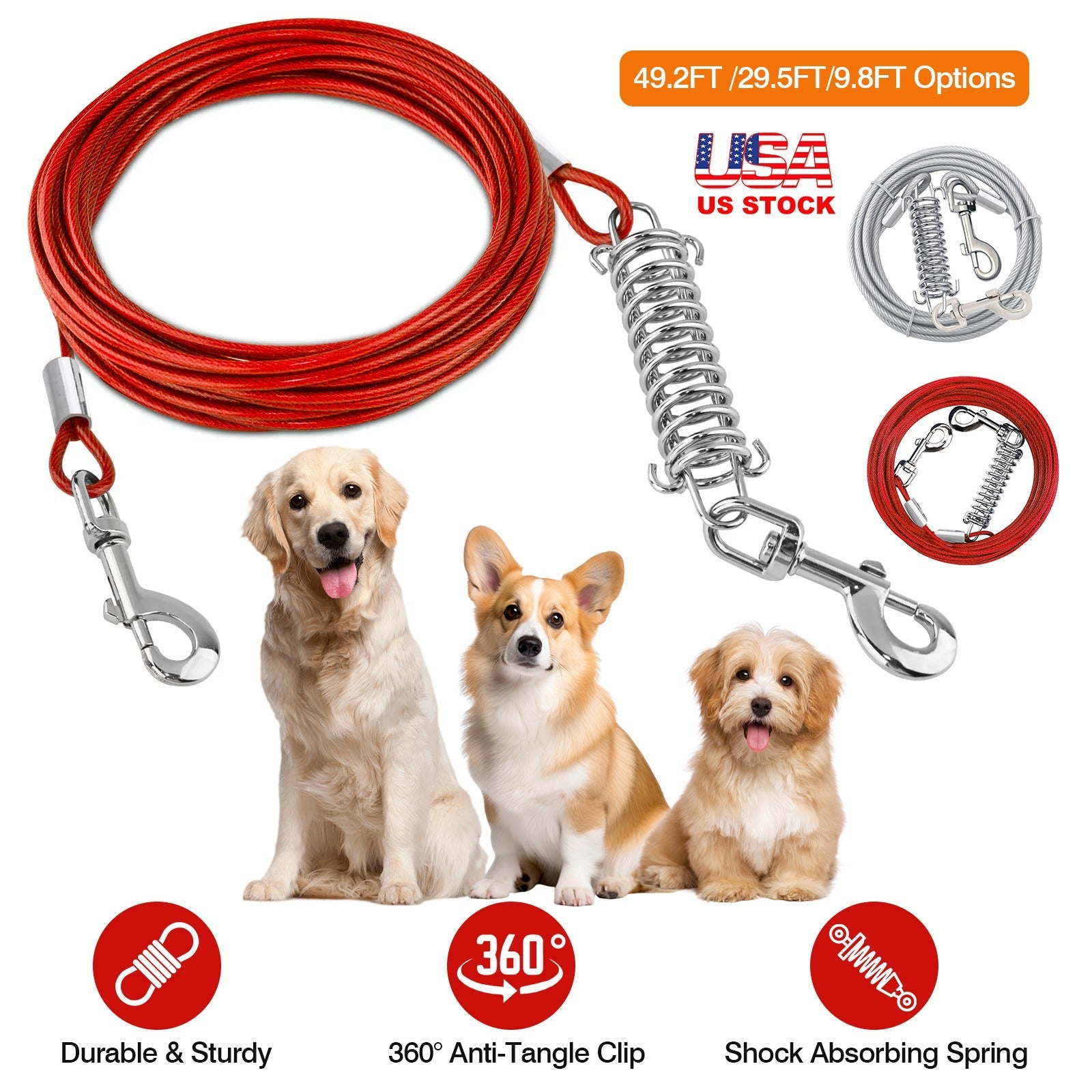 Chew proof dog tie out cable in red, durable and sturdy for secure outdoor play with dogs