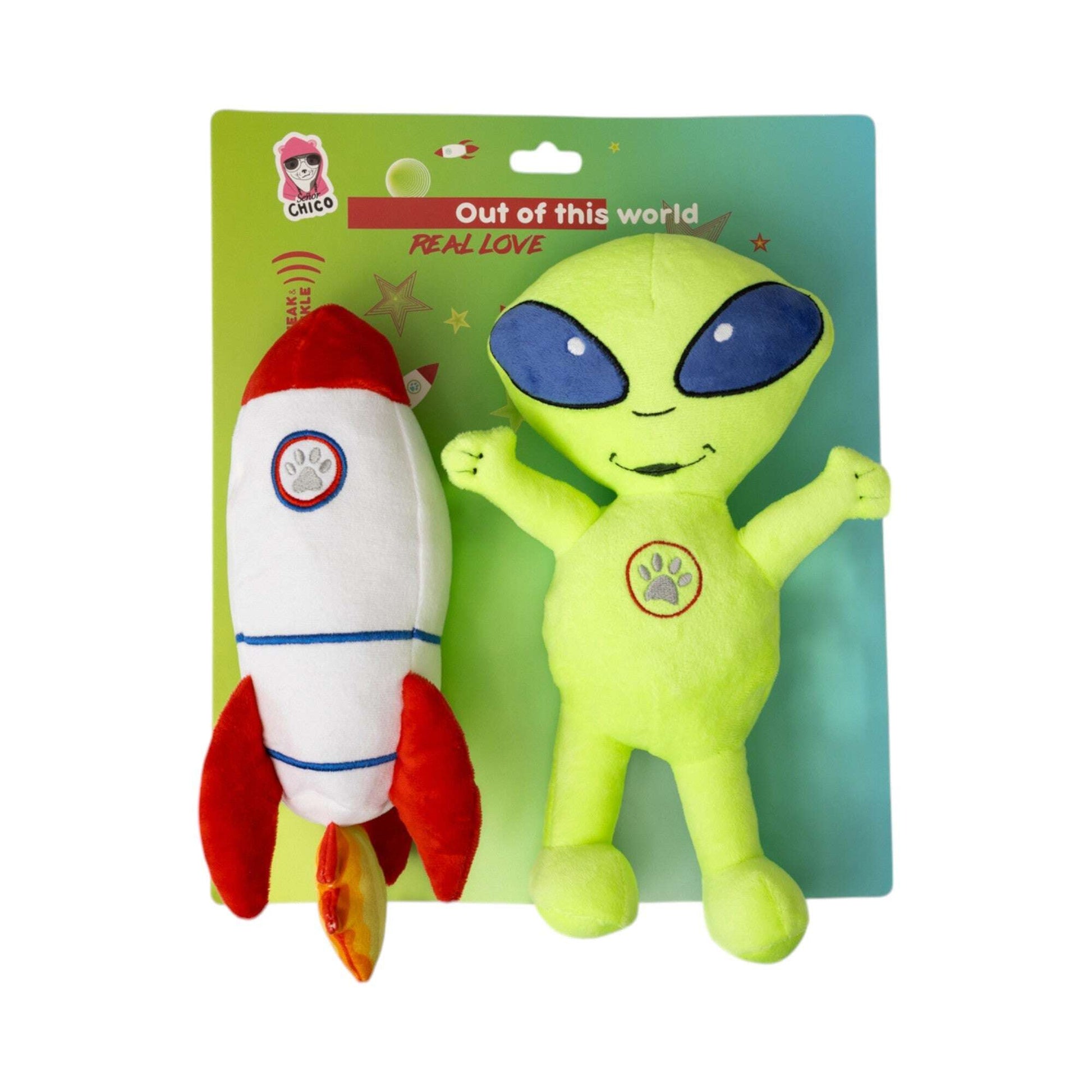 Plush dog toy gift set for small dogs featuring an alien and rocket design for playful fun
