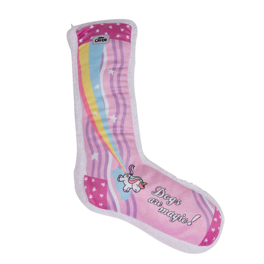 Colorful plush dog toy in the shape of a sock with a unicorn and the text 'Dogs are magic!'