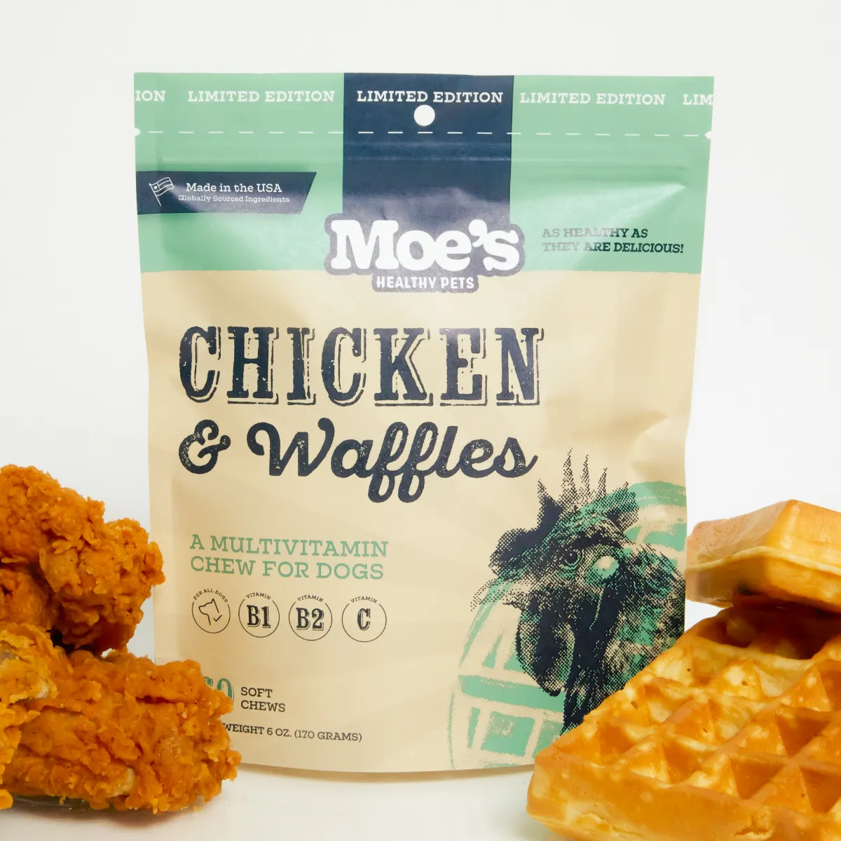 Chicken and Waffles Chews by Moe's Healthy Pets, available in a 22.99 bundle, featuring a tasty treat for pets.