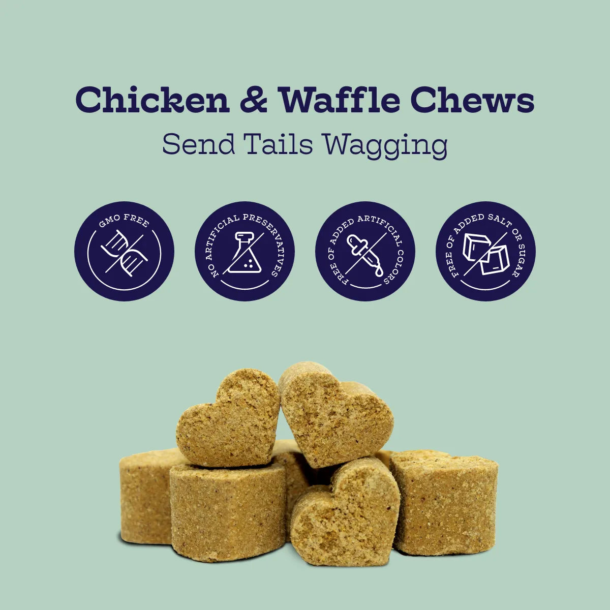Chicken and Waffles Chews by Moe's Healthy Pets, available in a 22.99 bundle, featuring a tasty treat for pets.