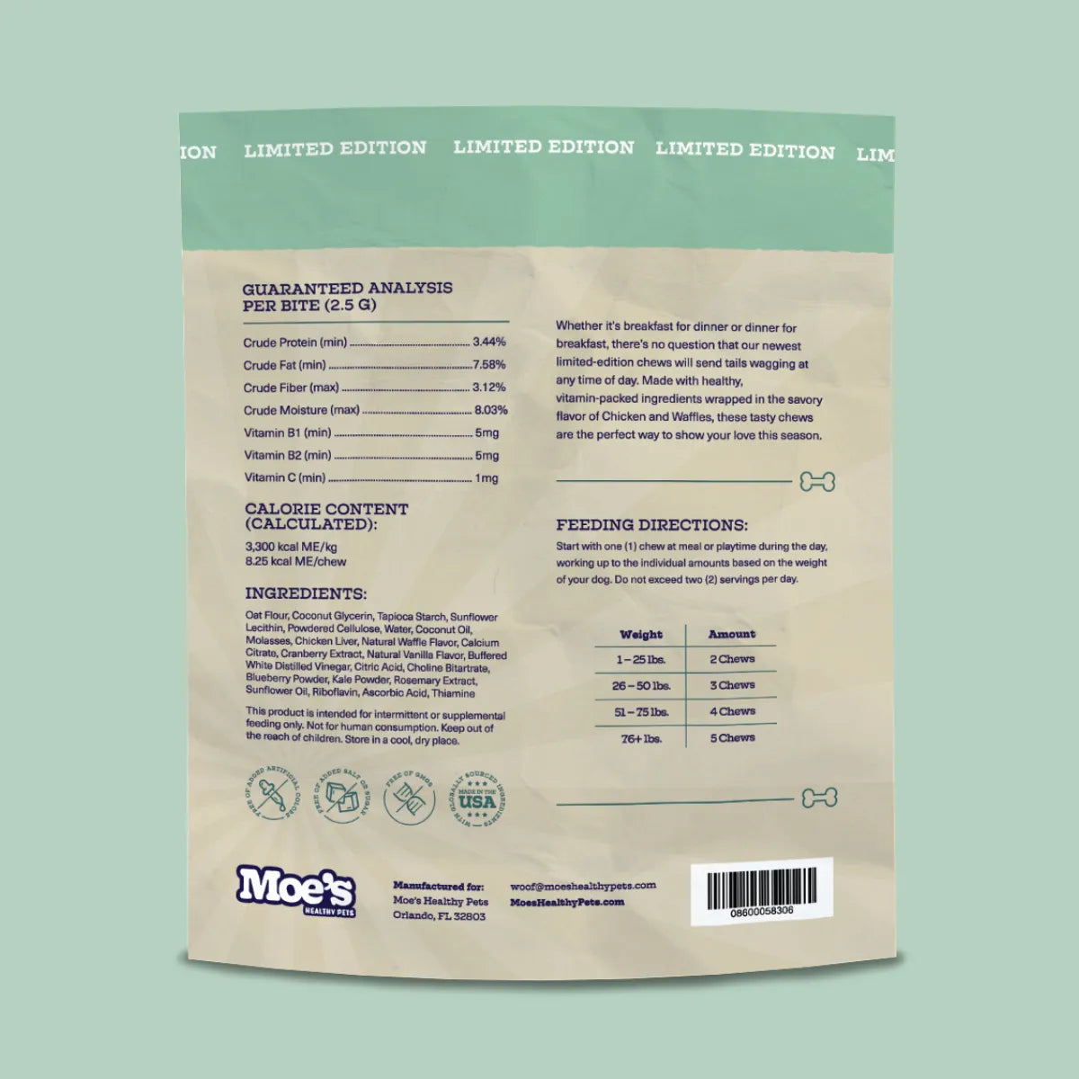 Delicious Chicken and Waffles Chews by Moe's Healthy Pets, featuring a savory flavor, perfect for pampering your pet.