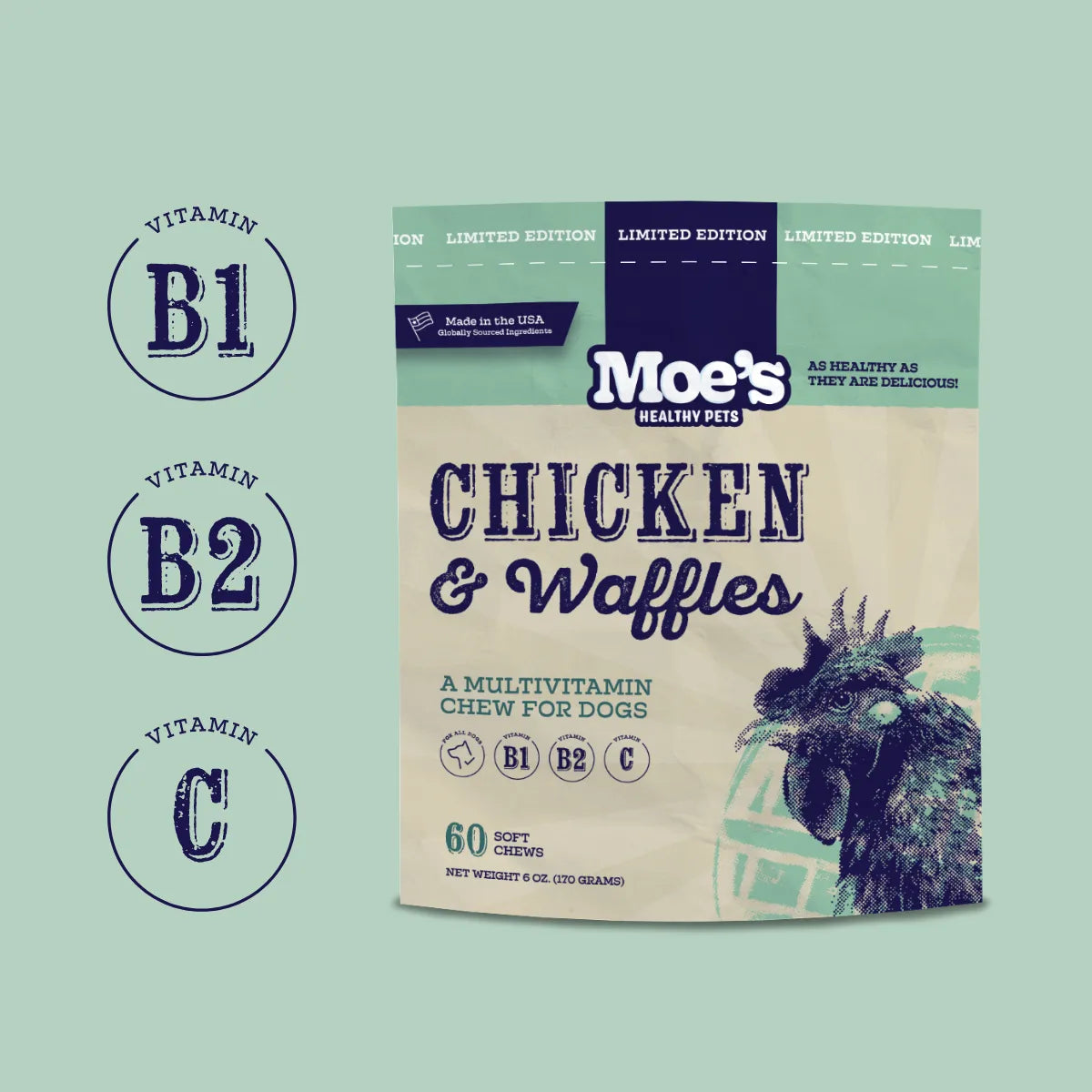 Delicious Chicken and Waffles Chews by Moe's Healthy Pets, featuring a savory flavor, perfect for pampering your pet.