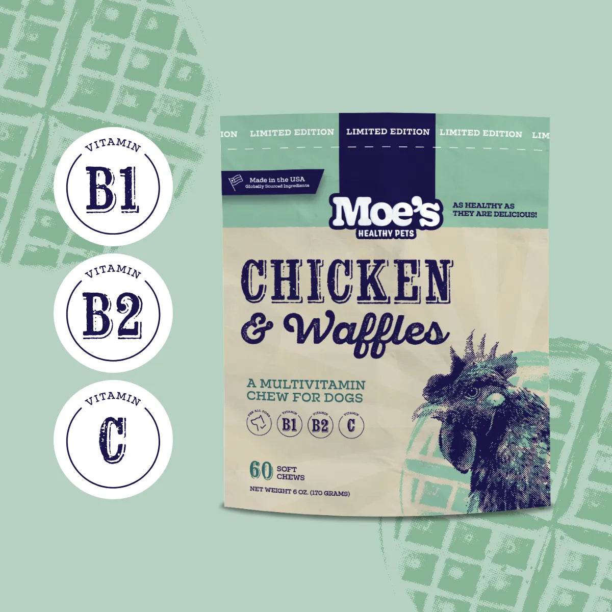 Delicious Chicken and Waffles Chews by Purrfect Pet Kingdom, 22.99, perfect for pets seeking tasty, healthy treats.