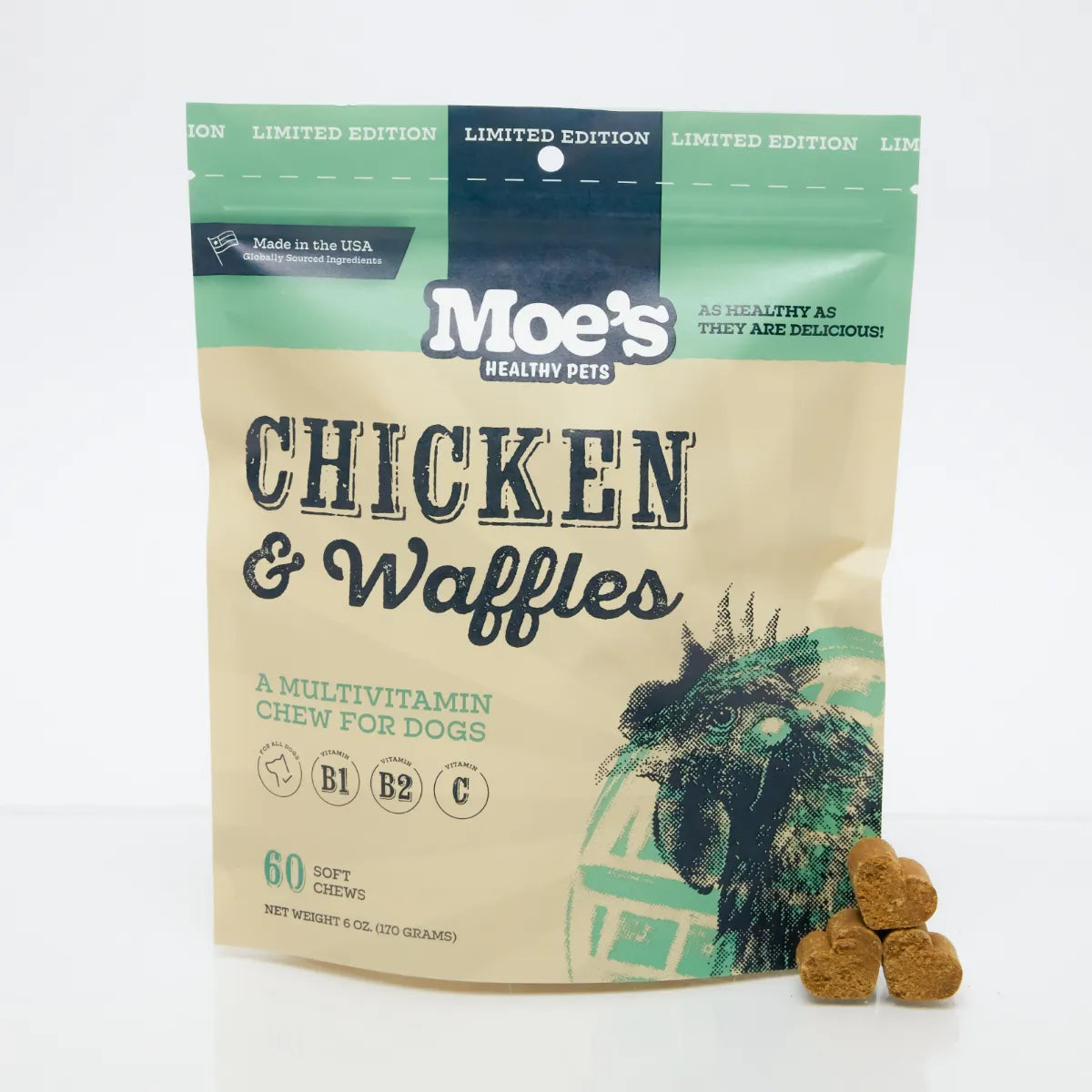 Delicious Chicken and Waffles Chews by Purrfect Pet Kingdom, 22.99, perfect for pets seeking tasty, healthy treats.