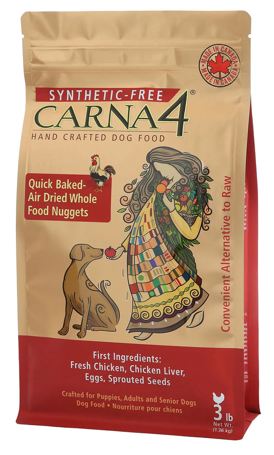 Chicken Dry Dog Food by Carna4 in a brown bag, available in 3 lbs, 6 lbs, and 13 lbs sizes at Purrfect Pet Kingdom®.