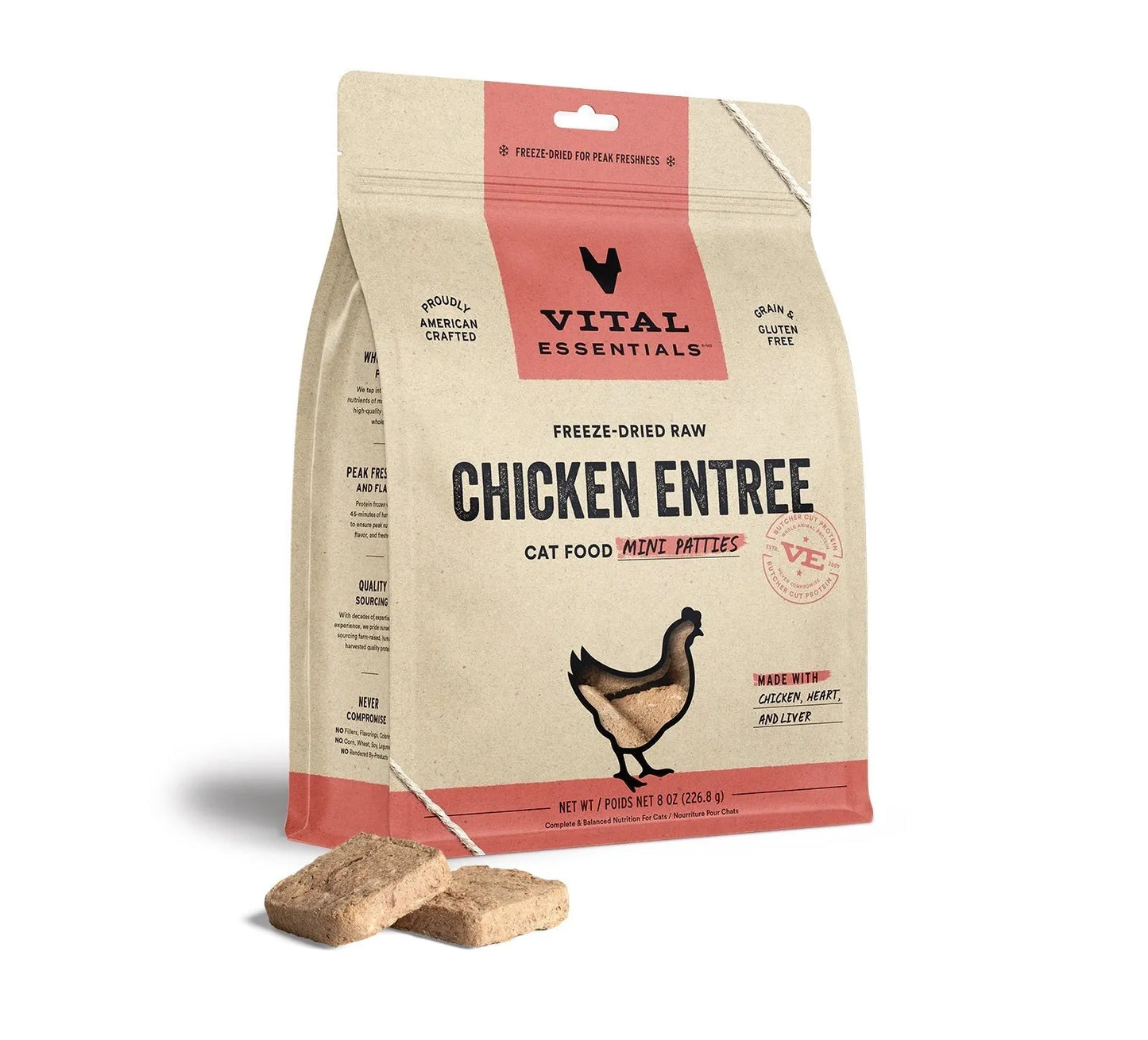 Chicken Mini Patties Cat Food by Vital Essentials in an 8 oz bag, from Purrfect Pet Kingdom®, ideal for your cat's diet.