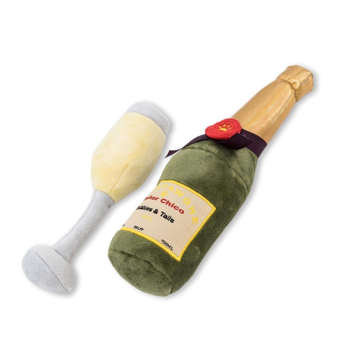 Champagne bottle dog plush toy with a matching champagne flute for playful pups