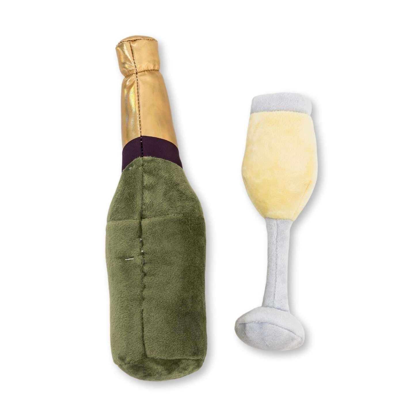 Champagne bottle dog plush toy with matching champagne glass for playful pups