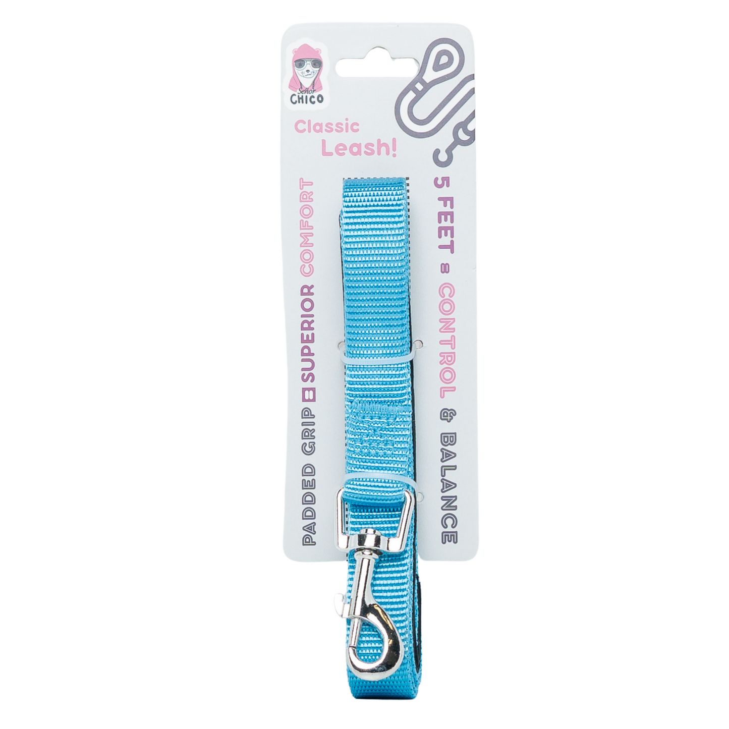 Chic Blue Classic Dog Leash with Padded Grip, a comfortable dog leash for walking, 5 feet long
