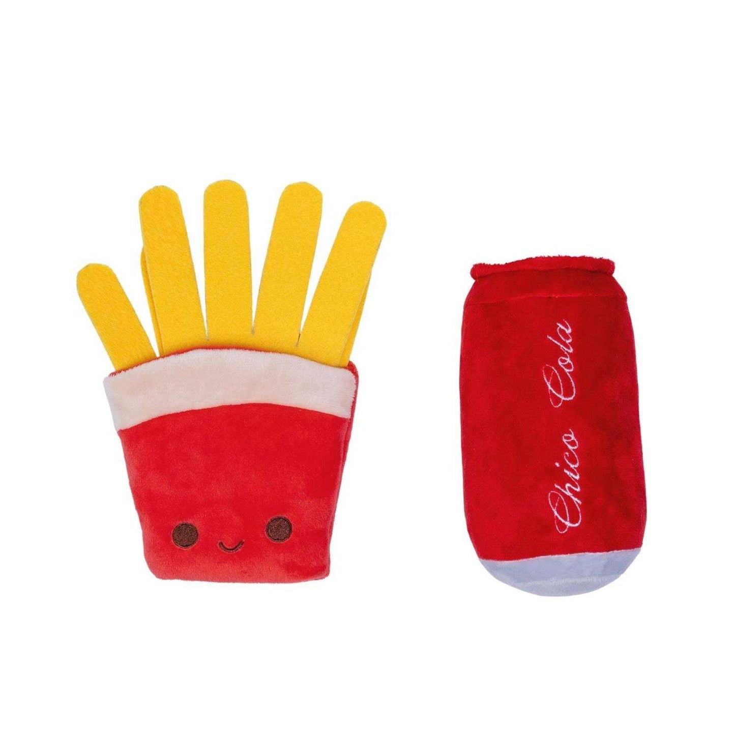 Cute plush pet toys including a smiley French fry container and a soft soda can for dogs