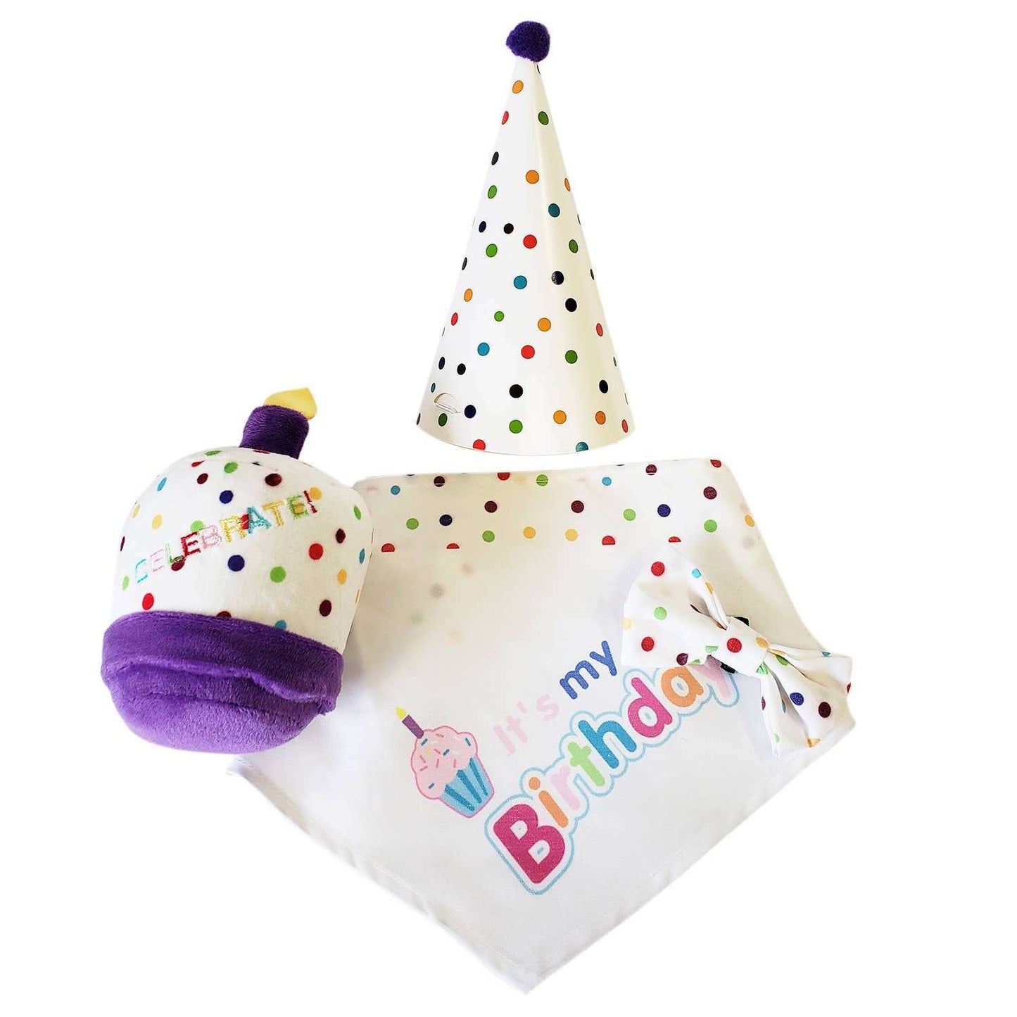Dog birthday bandana and hat set with colorful polka dots and a cupcake design for festive celebrations