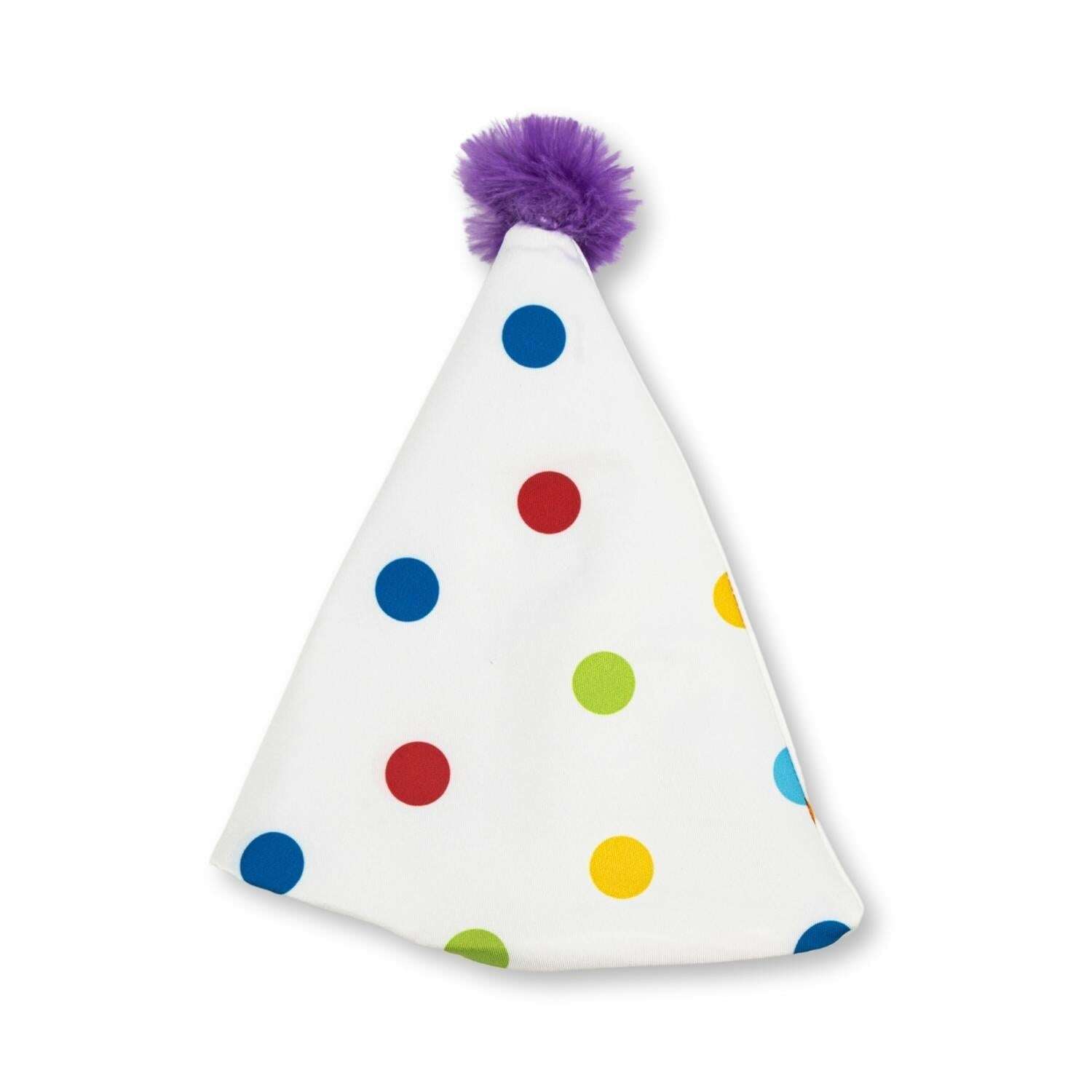 Colorful polka dot party hat for pets to celebrate with a dog birthday bandana and hat set
