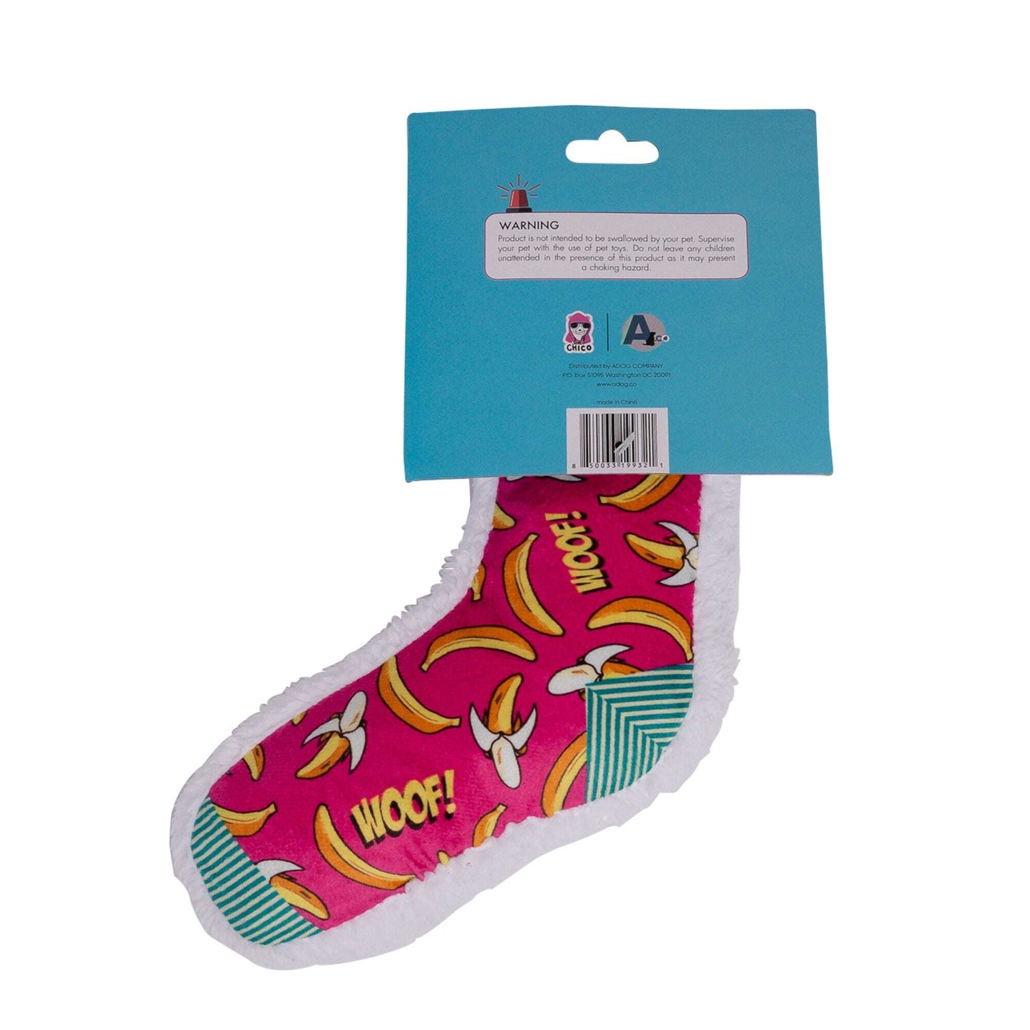 Funny squeaky dog toys for small dogs featuring a vibrant banana print and soft plush texture