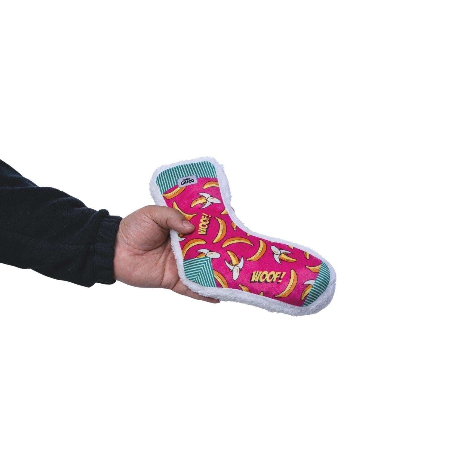 Colorful funny squeaky dog toys for small dogs with a 'Woof!' design and soft texture