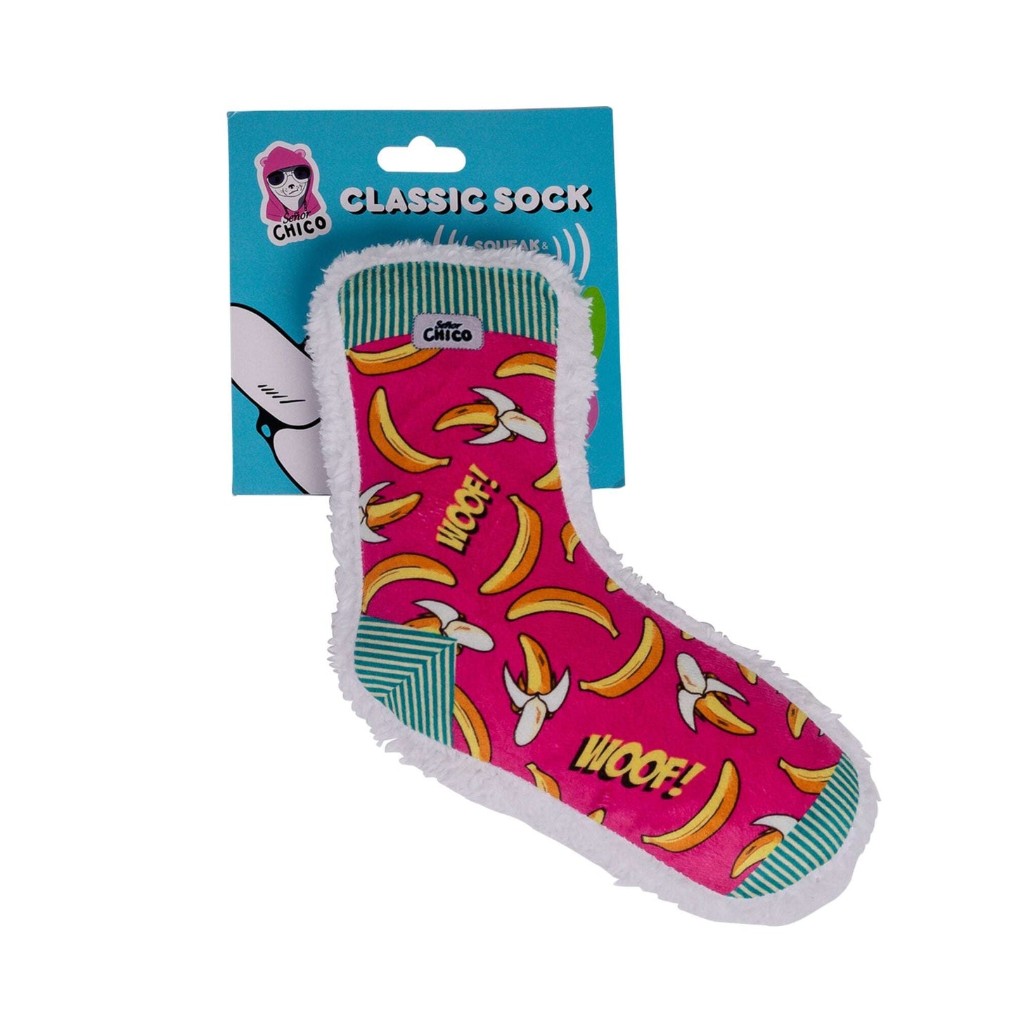 Chico Classic Sock Funny Squeaky Dog Toy for Small Dogs with Bright Banana Print