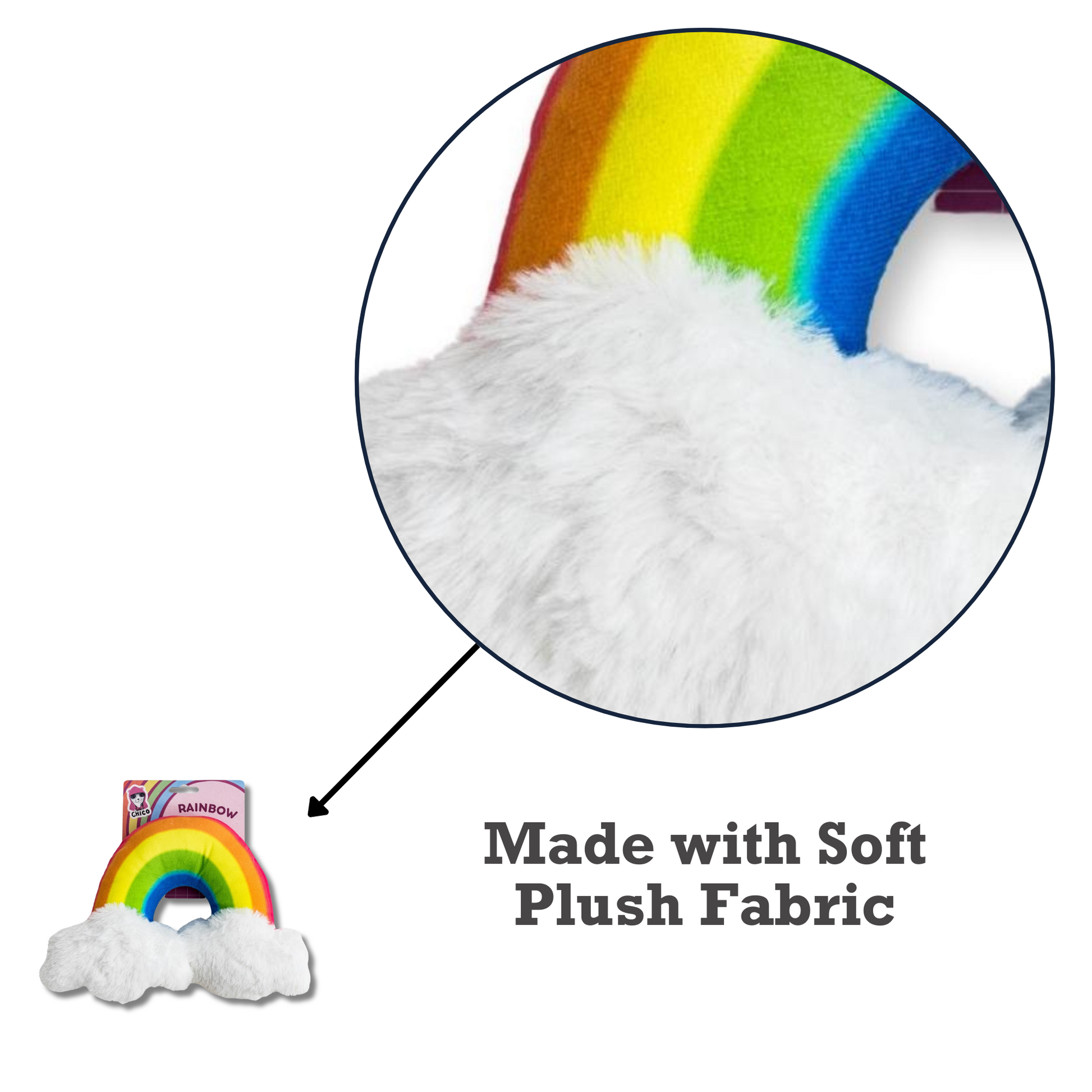 Colorful plush rainbow dog toy for small dogs featuring soft fabric, a magical dog toy for small dogs