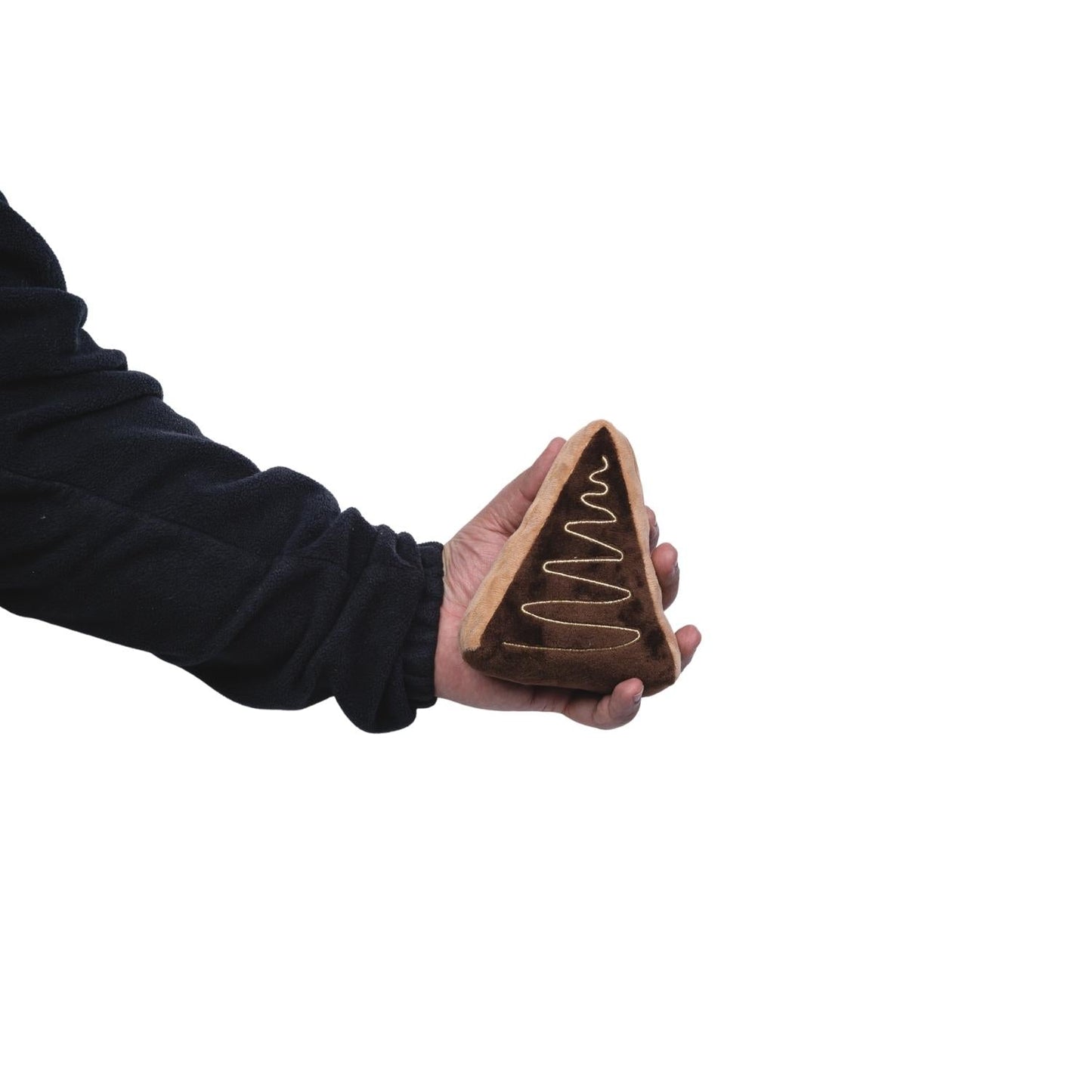 Hand holding a midnight snack dog plush toy shaped like a slice of pizza for playful pups