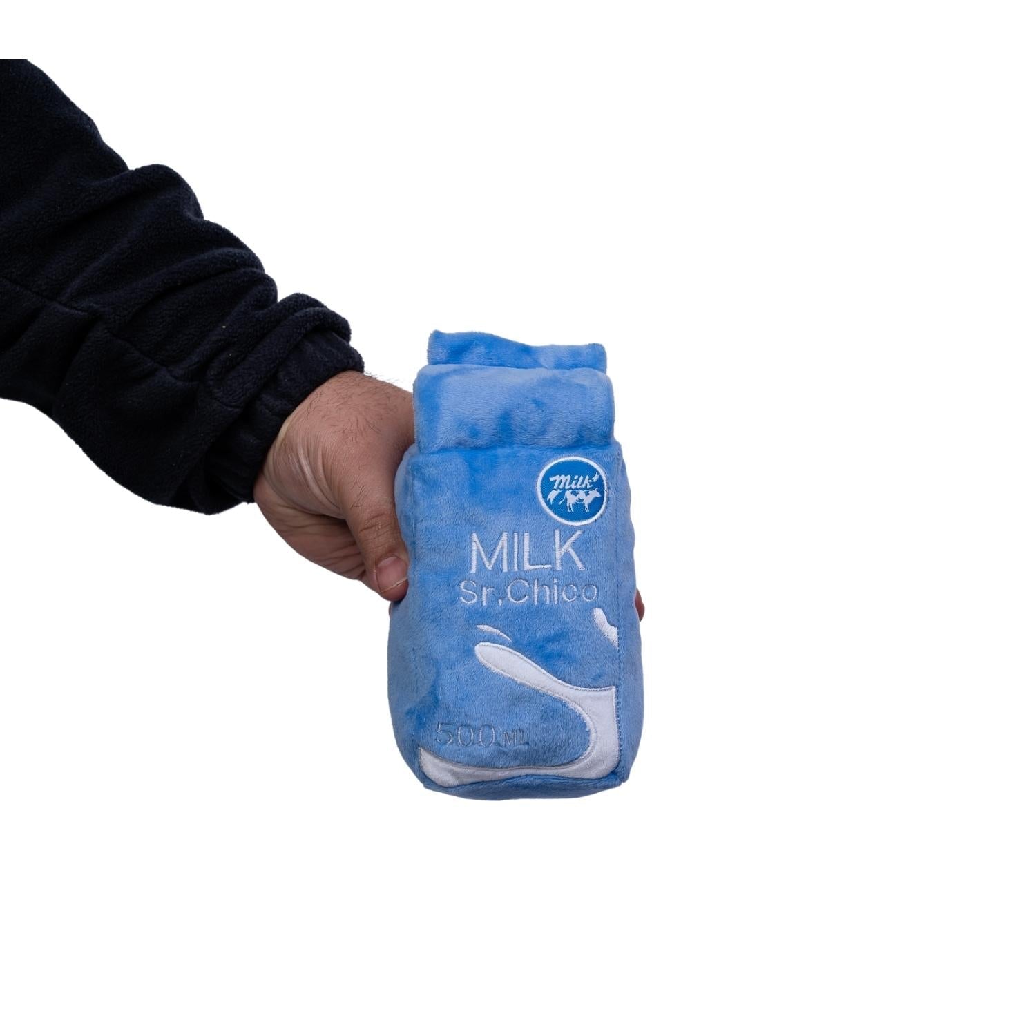 Cute midnight snack dog plush toy shaped like a milk carton for playful pups