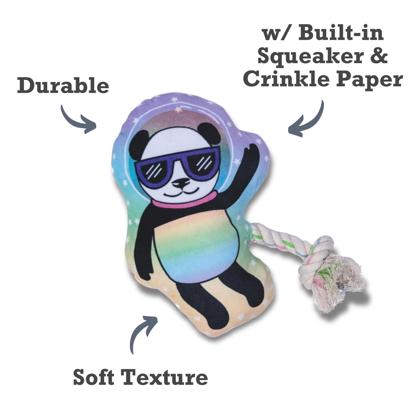 Plush dog toy with crinkle paper featuring a colorful panda design and built-in squeaker