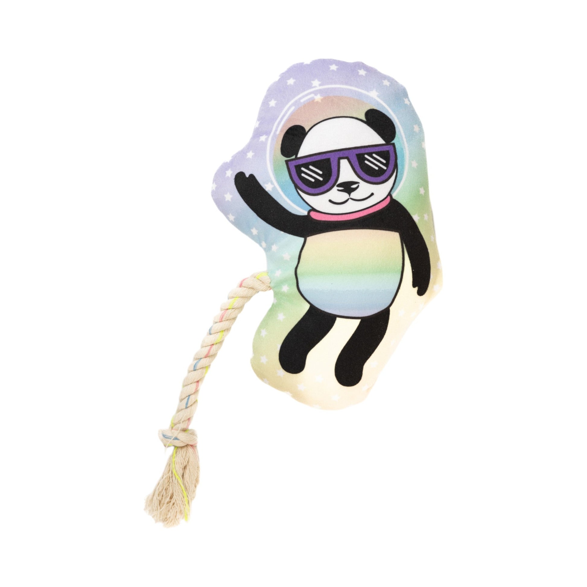 Cute plush dog toy with crinkle paper featuring a panda design and a rope for interactive play