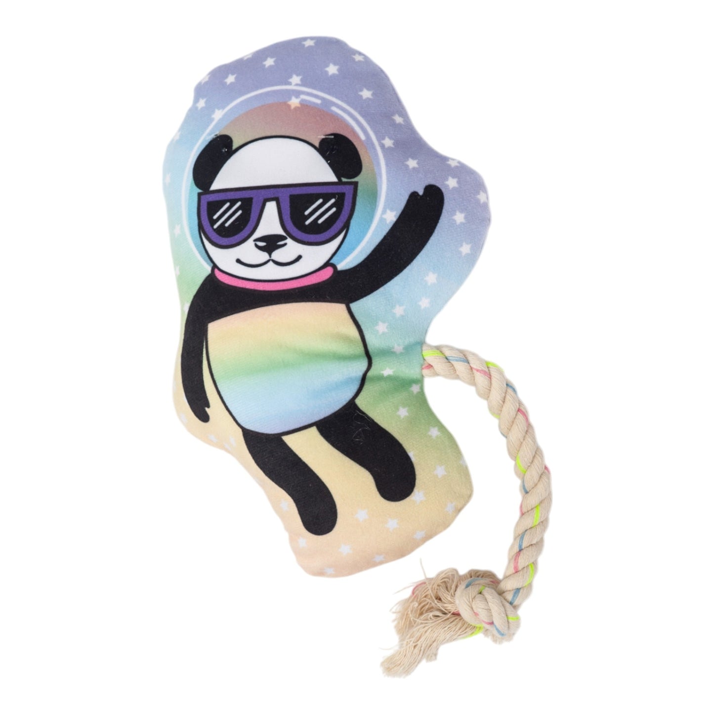 Colorful plush dog toy with crinkle paper in panda design and rope tail for playful dogs