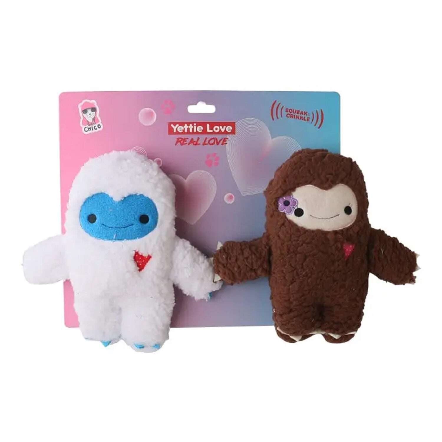Yettie Love Plush Dog Toy Set featuring a white and brown yeti design with squeaker inside