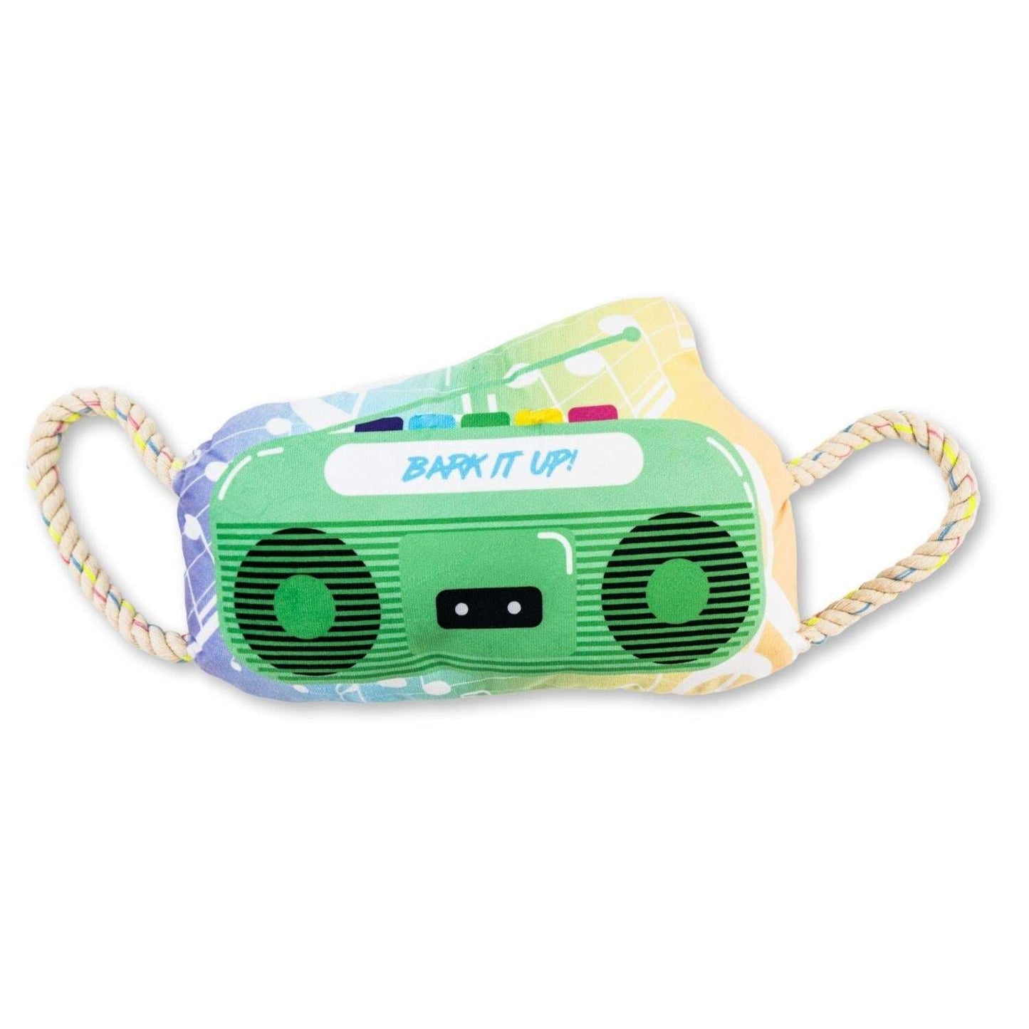 Plush squeaker dog toy shaped like a colorful boombox with a rope handle for interactive play