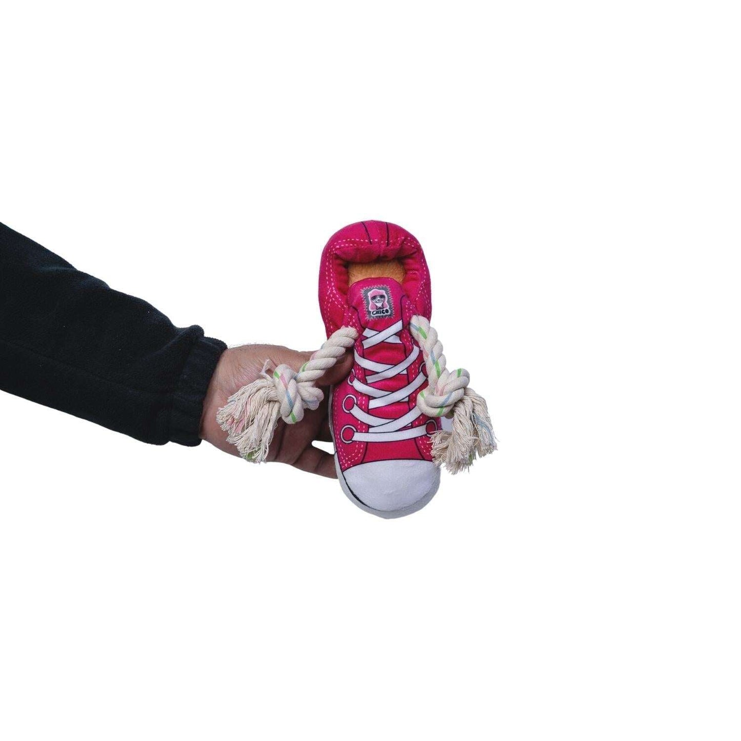 Purrfect Pet Kingdom Squeaky Plush Dog Toy shaped like a sneaker with rope ends for interactive play