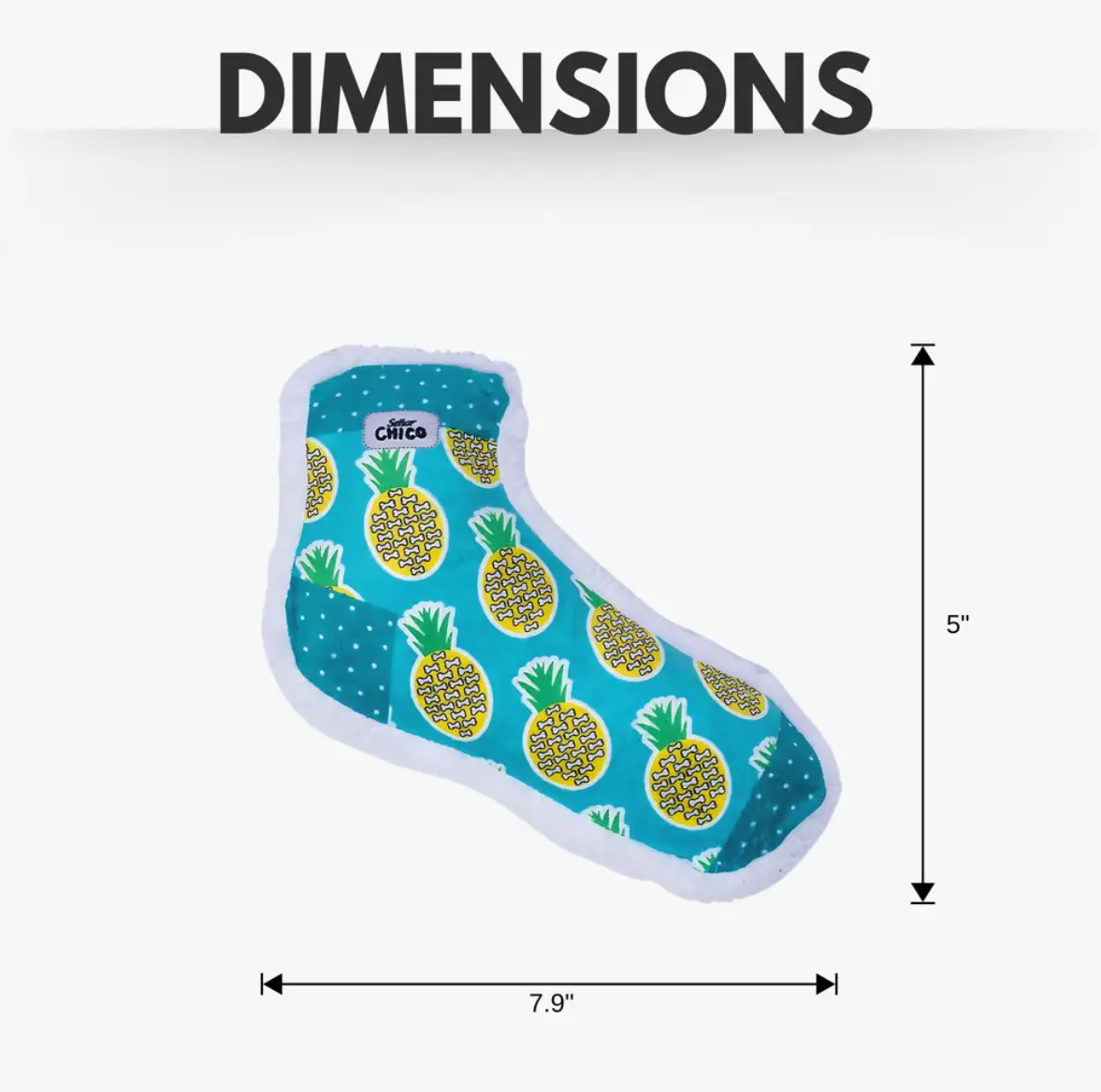 Squeaky Sock Plush Dog Toy in a colorful pineapple design, 7.9 inches long and 5 inches high