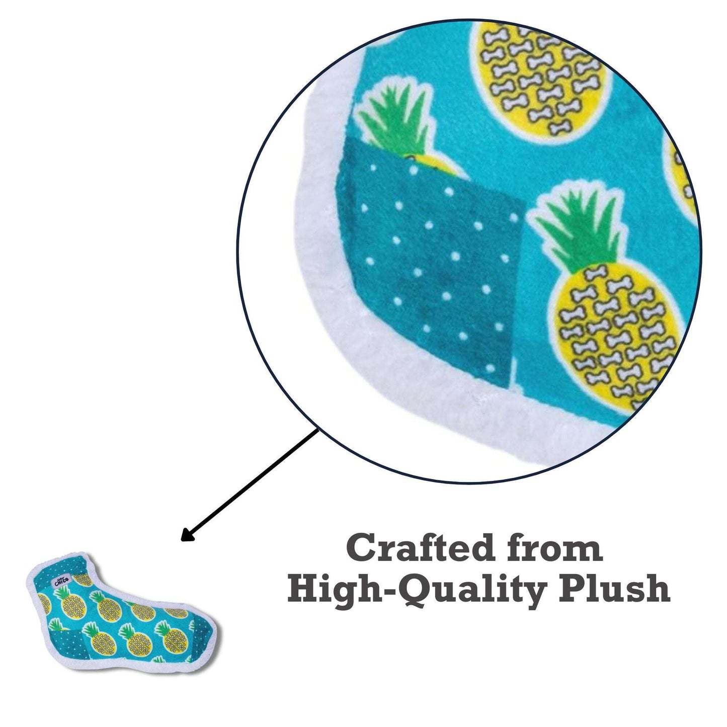 Squeaky Sock Plush Dog Toy designed with a fun pineapple print and made from high-quality plush fabric