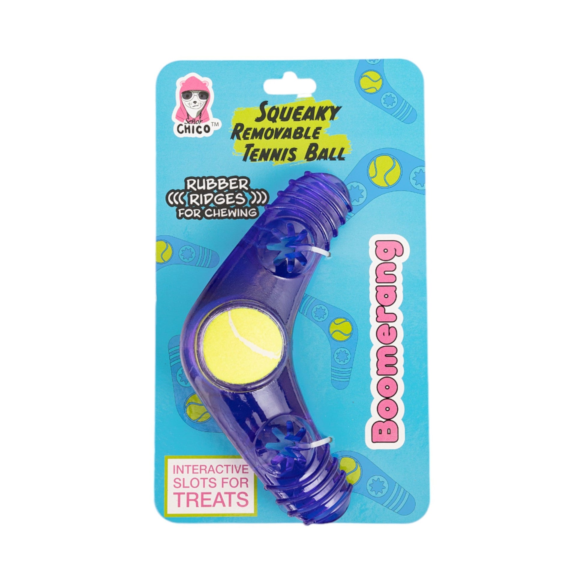 TPR boomerang dog chew toy with squeaky tennis ball and interactive treat slots