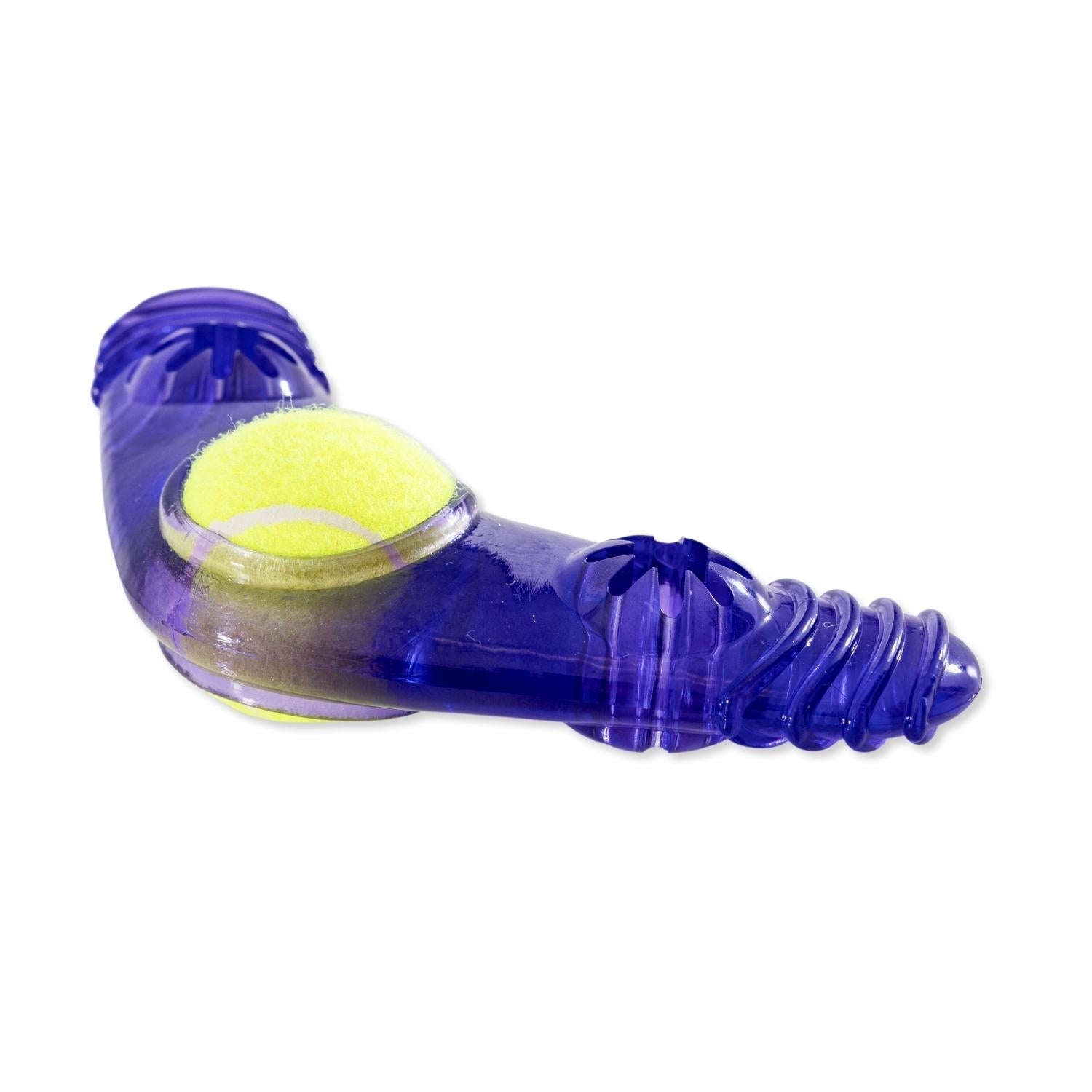 TPR boomerang dog chew toy in purple with a tennis ball for interactive play